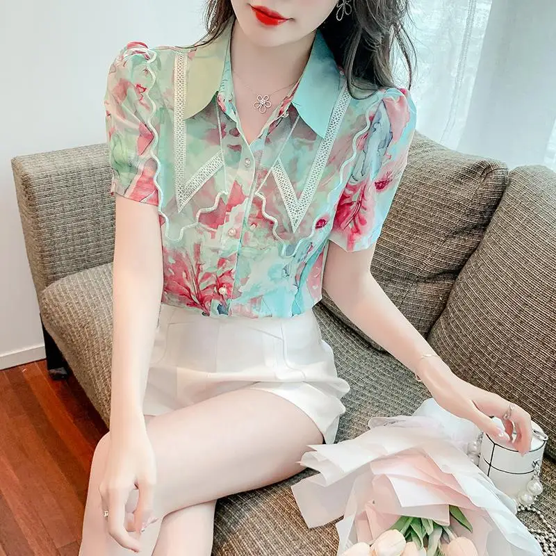 Korean Elegant Blouses Loose Printing Casual Patchwork Short Sleeve Temperament Turn-down Collar Summer Thin Women's Clothing