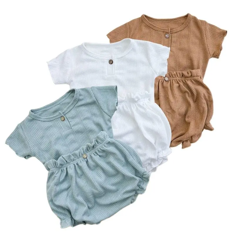 

Baby Cotton Solid Clothes Sets Short Sleeve Ruffles T-shirts+mini Shorts 2PCS Thin Toddler Boys Girl Waffle Infant Outfits 0-36M
