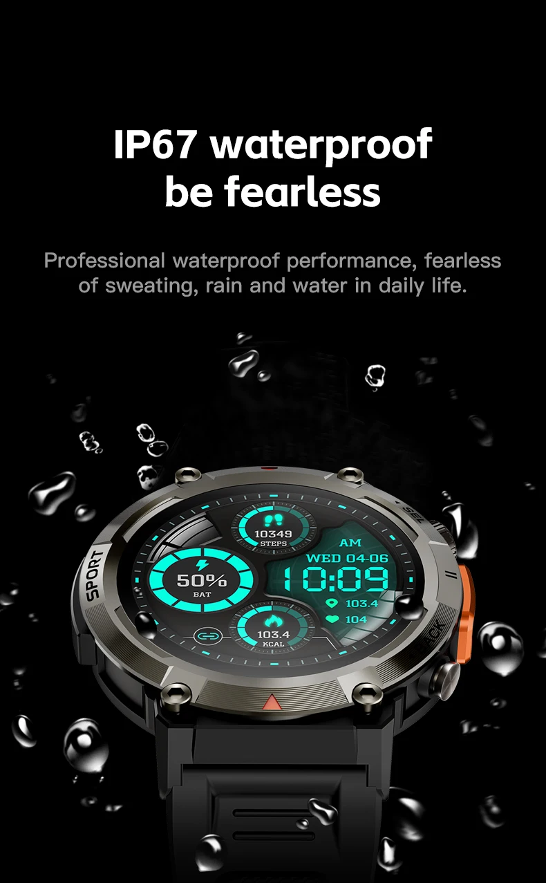 Montre connectée de sport pour hommes avec lampe de poche, moniteur de tension artérielle | Étanchéité IP67 pour Android IOS