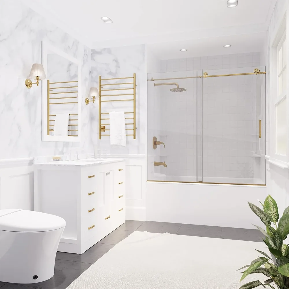 Frameless Bathtub Door, 60&ldquo; X 62&rdquo;, Brushed Gold Finish with Tempered Clear Glass, Sliding Shower Door