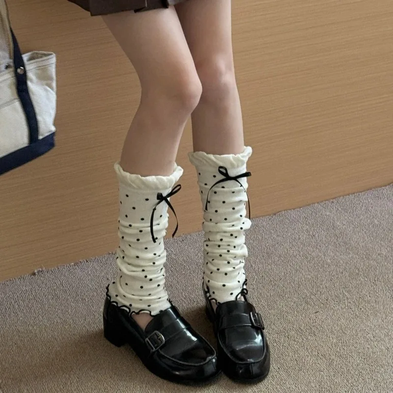 Lolita Leg Warmers Cute Polka Dot Long Socks Cotton Knitted Foot Cover Bow Y2k Leg Warmers JK Girls Knee Kawaii Stockings