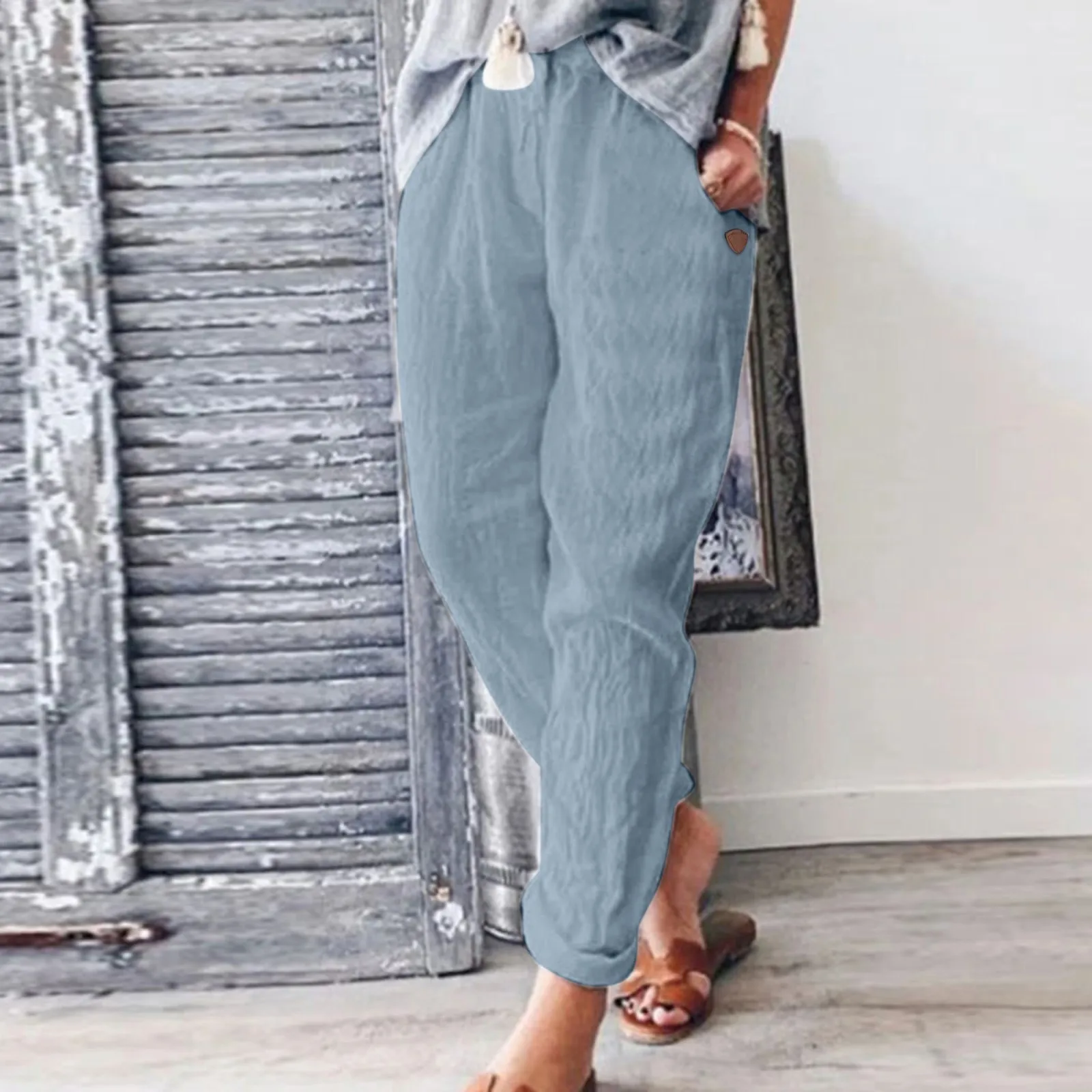 White Cotton Linen Pants For Women 2023 Fashion Loose Full Length Ladies Trousers Casual Elastic Waist Wide Pants For Women images - 6