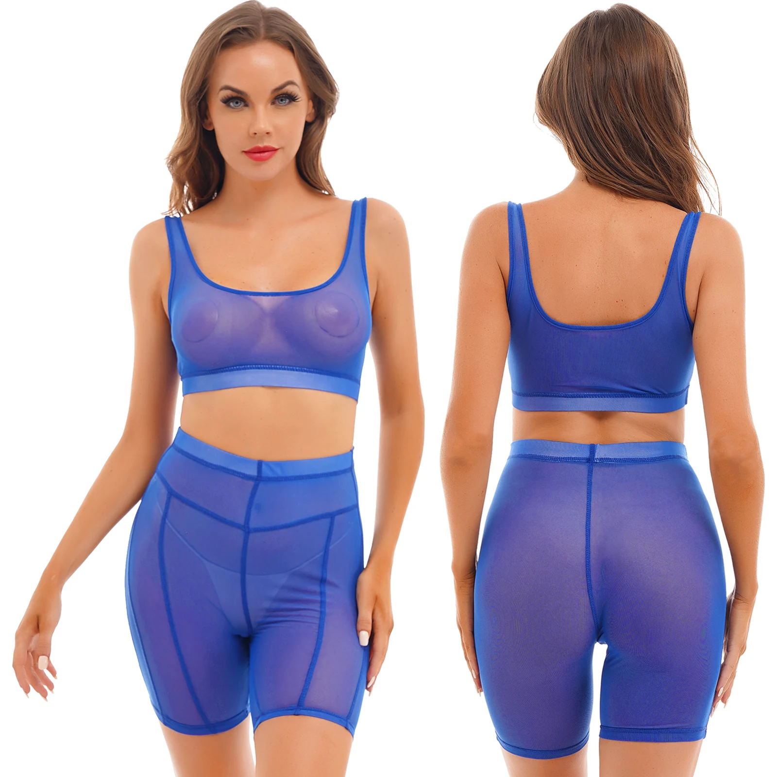 

Women See-through Mesh Two-piece Clothes Sleeveless Crop Tank Top with Shorts Set Yoga Sportswear Nightclub Clubwear Sleepwear