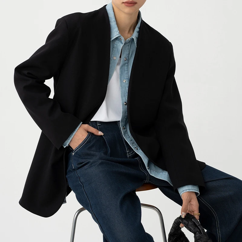 

Oversize Collarless Wool Blend Casual Blazer Open Front Blazers with Shoulder Pads Minimalism