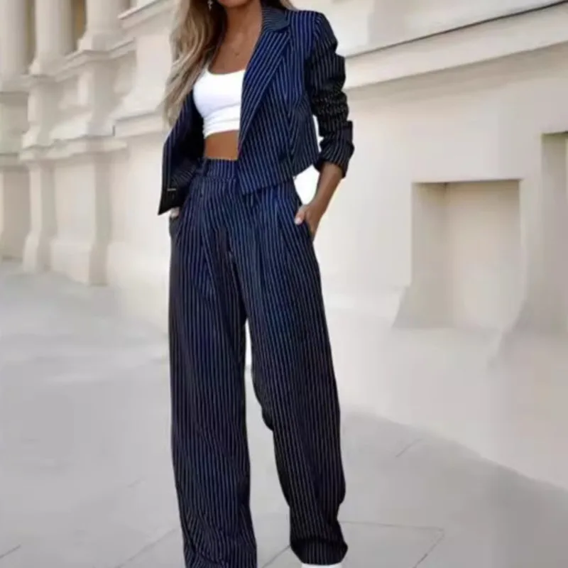2024 New Women's Commuter Office Fashion Casual Striped Short Lapel Top Suit Straight Trouser Suit Women's Two-piece Suit