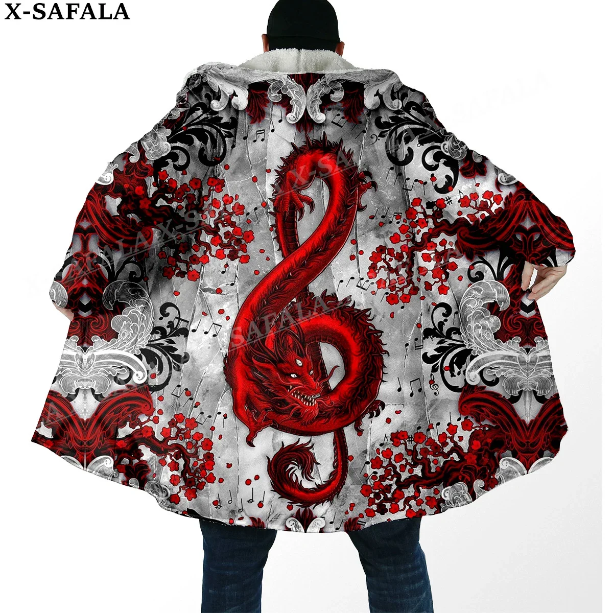 Viking Dragon Treble Clef Music Print Thick Warm Hooded Cloak Men Overcoat Coat Windproof Fleece Cape Robe Hooded Blanket-1