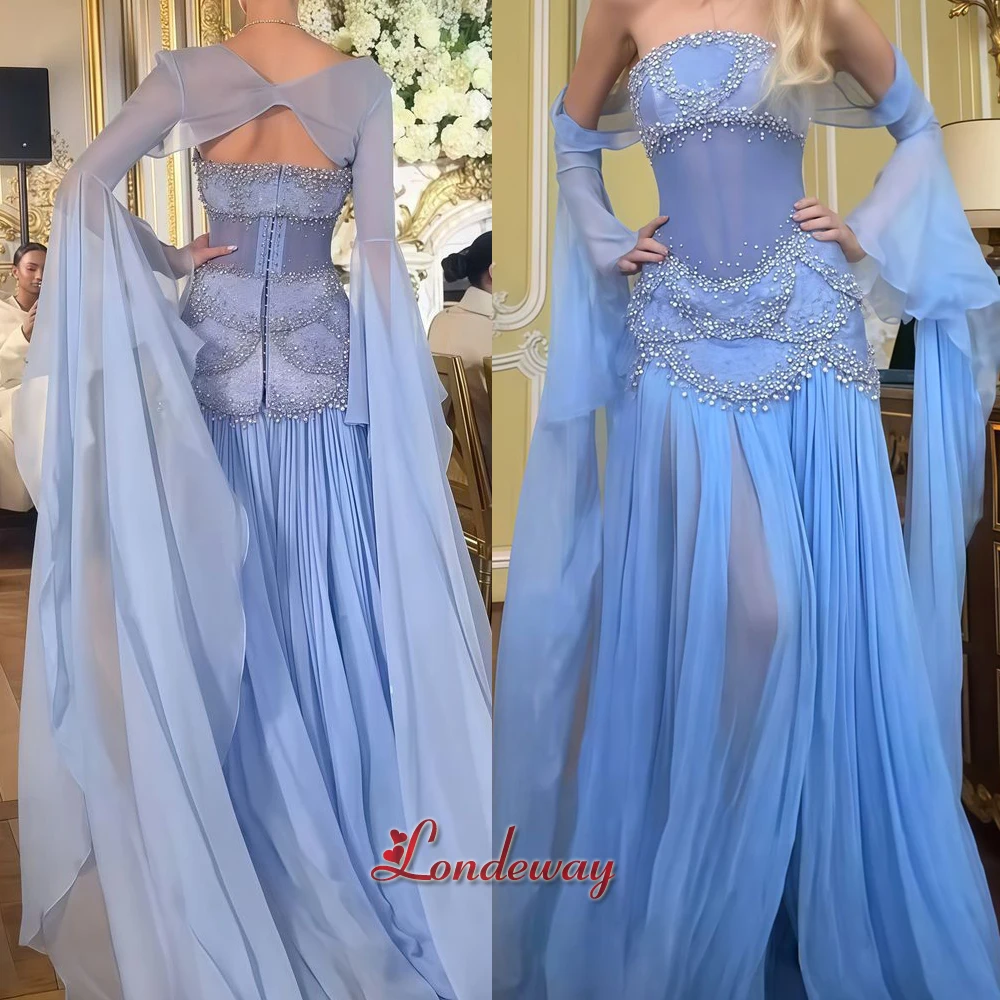 Fancy Strapless Prom Dresses Pearls A-line Saudi Arabric Gala Vestido De Fiesta Bespoke Evening Party Gown Customized