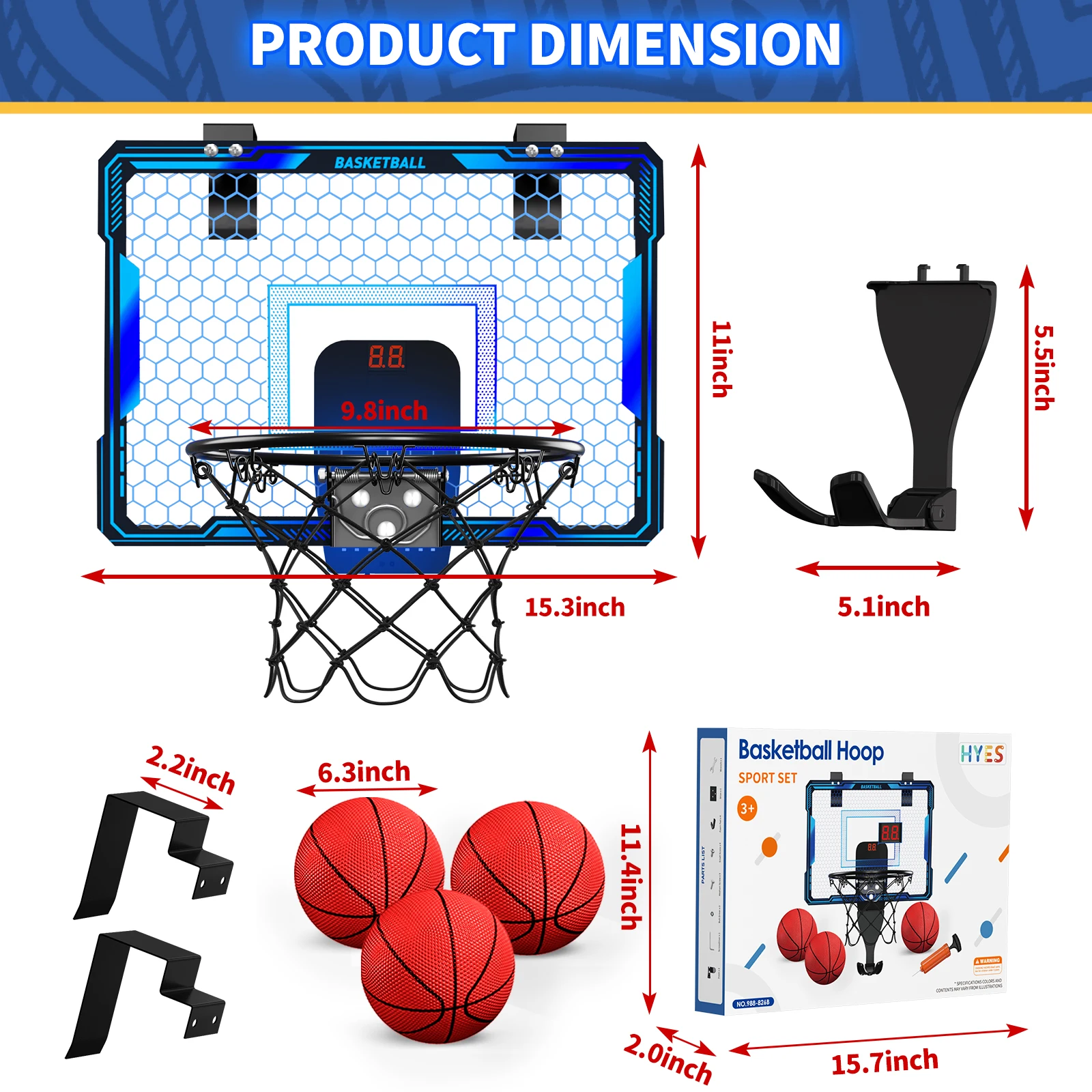 Remote Control Basketball Hoop Indoor with 7 LED Lighting, Over Door Basketball Hoop, Basketball Toys Gift for Kids, Adults