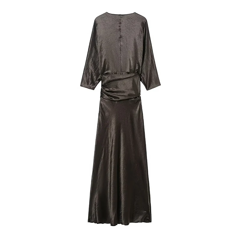 Satin Ruched Long Dresses for Women Long Sleeve V neck Midi Dress Woman Tied Party Womens Dresses Casual Female Dress