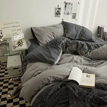 Biancheria da letto in cotone lavato doppio tinta unita di alta qualità Set da 4 pezzi Set piumino per biancheria da letto per dormitorio per studenti