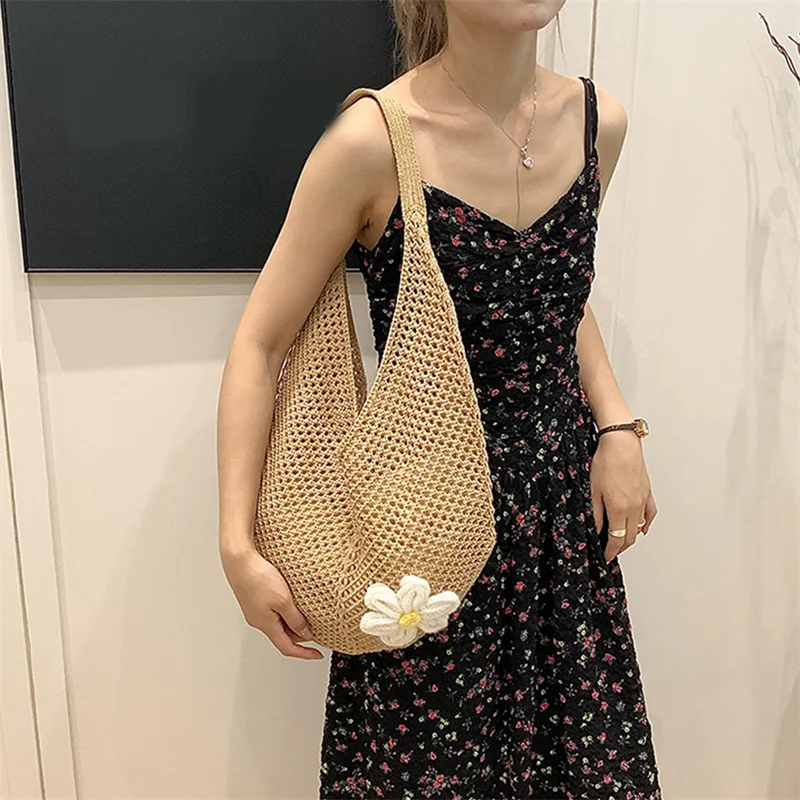 Trendy Hollow Out Weave Straw Bag Bohemian Style Beach Handbag Hollow Tote Bag Large Capacity Lazy Style Beach Bag Shopping