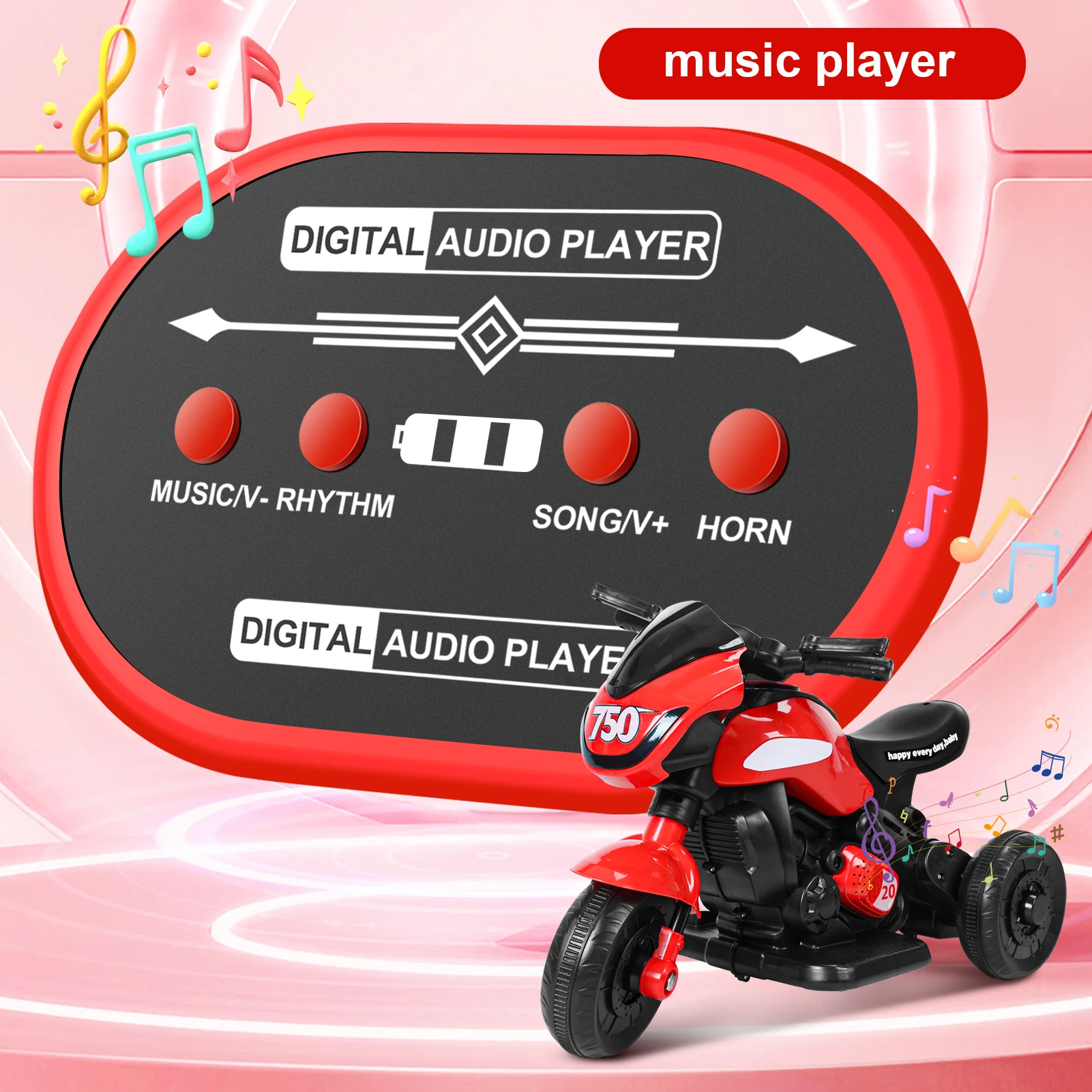Kids Electric Tricycle, Kids Motorcycle Ride-on Car Toy, 3-Wheel Battery Powered Motorbike for Kids 1-6 Years Old, Bluetooth