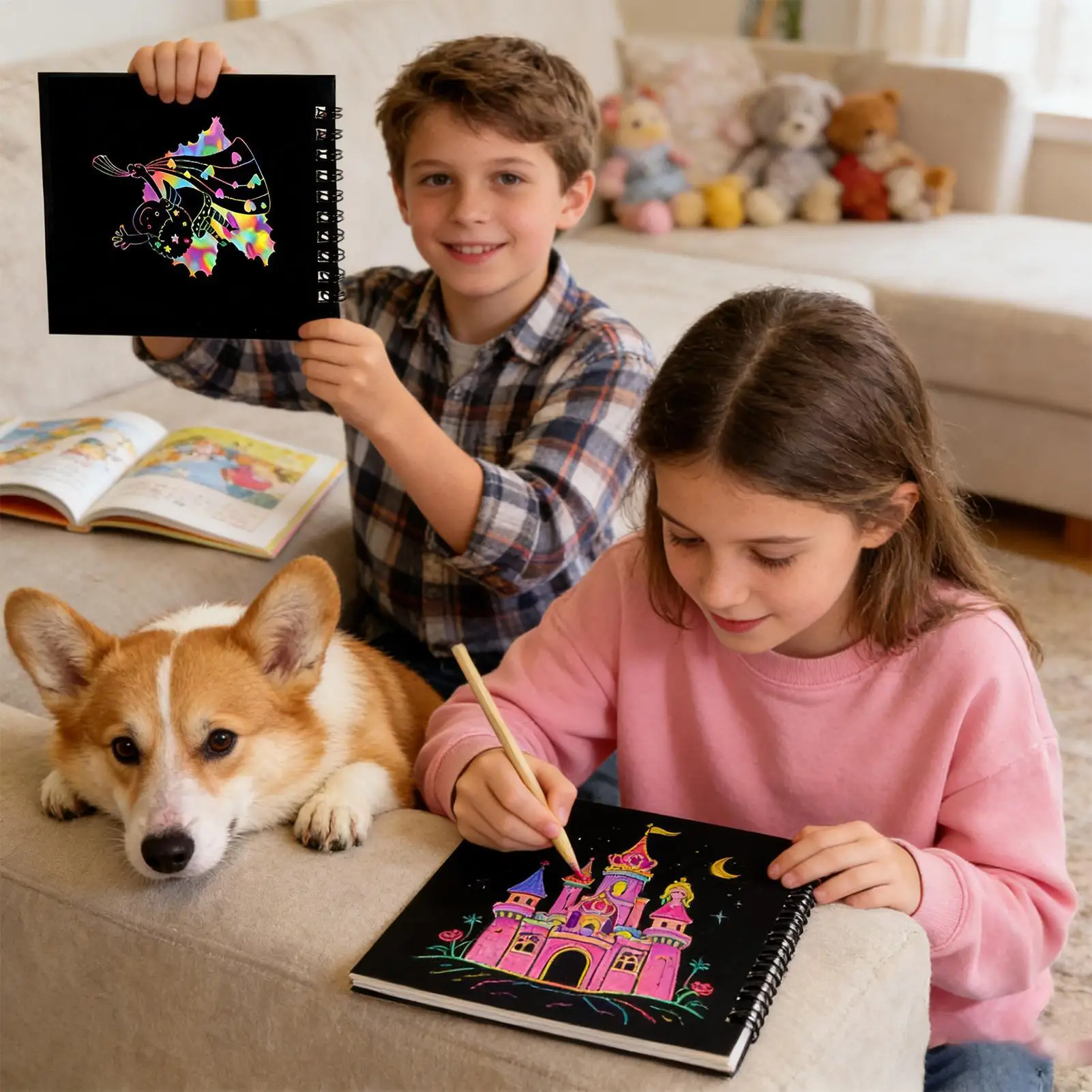 스크래치 페이퍼 아트 공예 무지개 노트북 스크래치 공예 종이 노트북 어린이 소년 학생 교실 가정 여행 비행기용