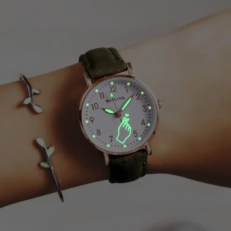 

Sdotter Luminous Watch Night Glowing Women Cute Leather Watches Simple Small Dial Quartz Clock Watch Wrist For Girls