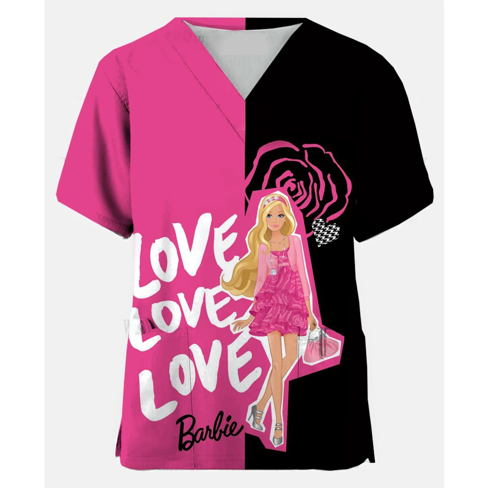 

Barbie Cartoon 3D Print T-shirt Summer V Neck Top Woman Clothing Y2k Nurse Uniform Women T-shirts Hospital New Pocket ﻿