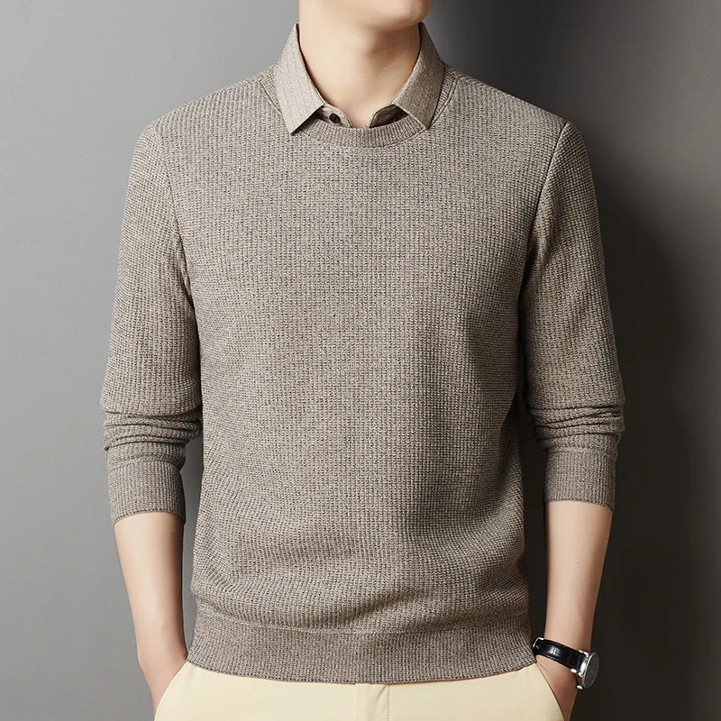 Autumn Winter Men's Pullover Turn-down Collar Solid Screw Thread Long Sleeve Sweater Knitted Undershirt Loose Casual Formal Tops