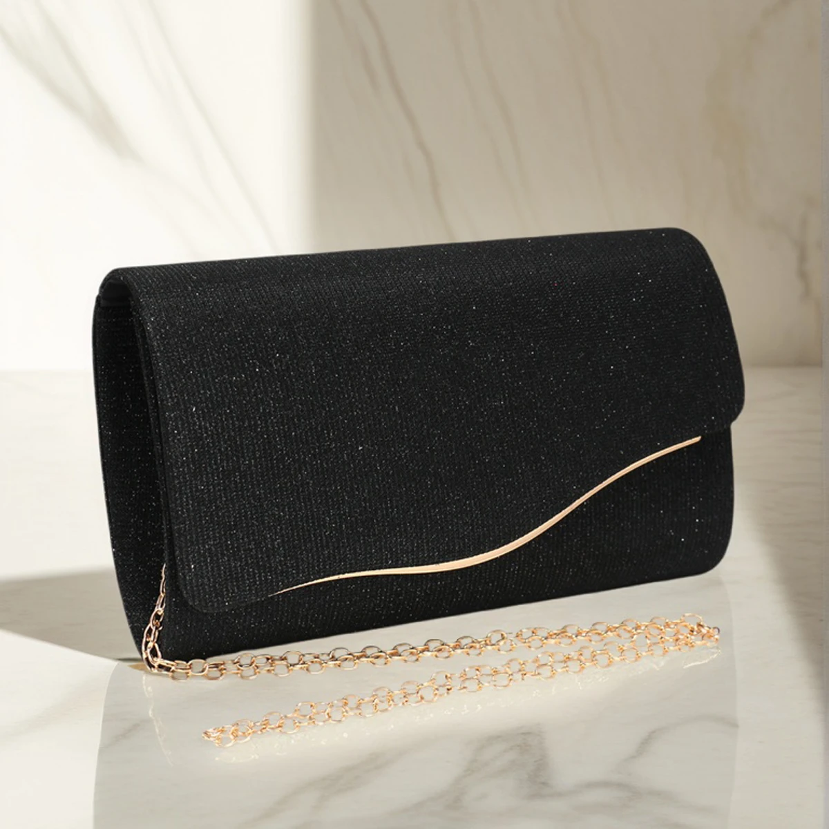 Black Glitter Evening Clutch Bag with Shoulder Chain for Women