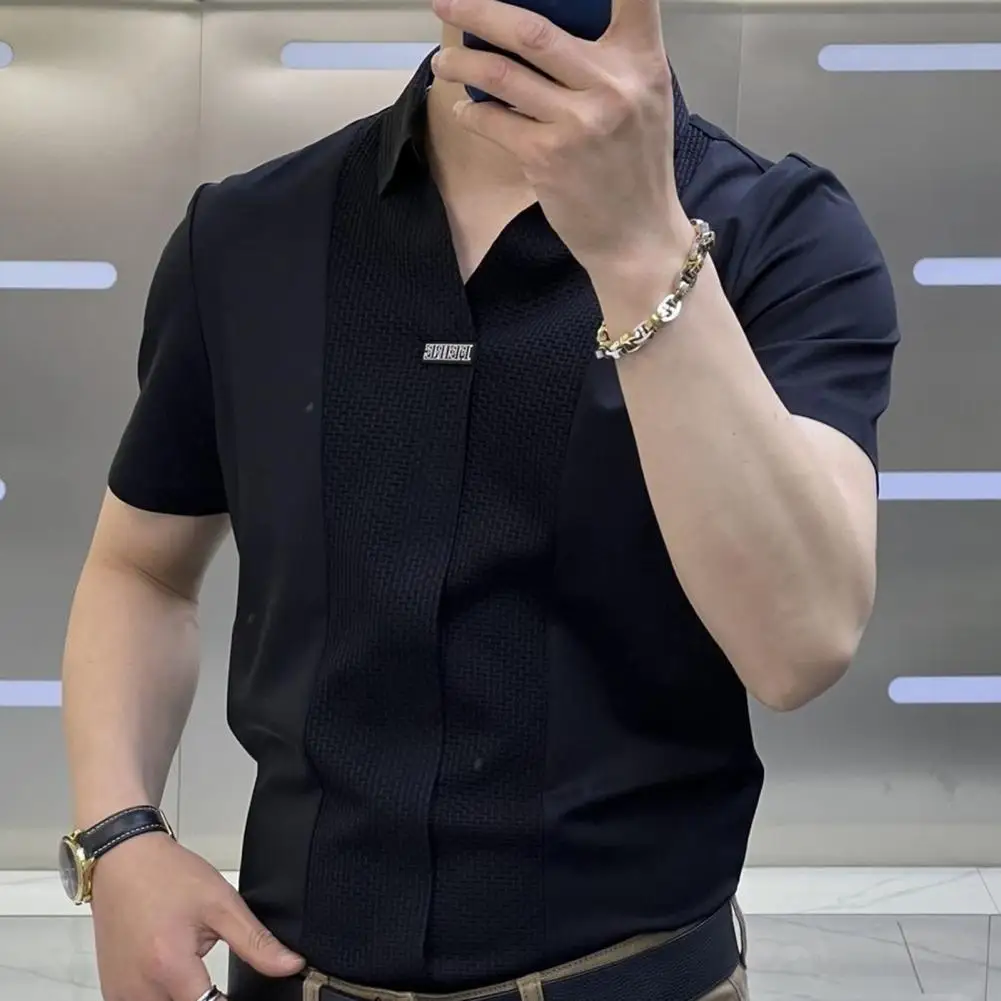 

Men's Polo-Neck Slim Shirt Turn-down Collar Short Sleeves Slim Fit Patchwork Soft Breathable Formal Business Style Men Top