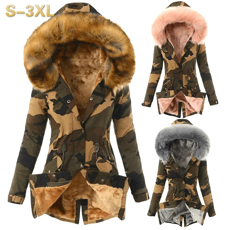 

2023 Autumn/Winter Women's Cotton Coat with Wool Neck Drawstring Camo Coat Warm Cotton Coat for Women