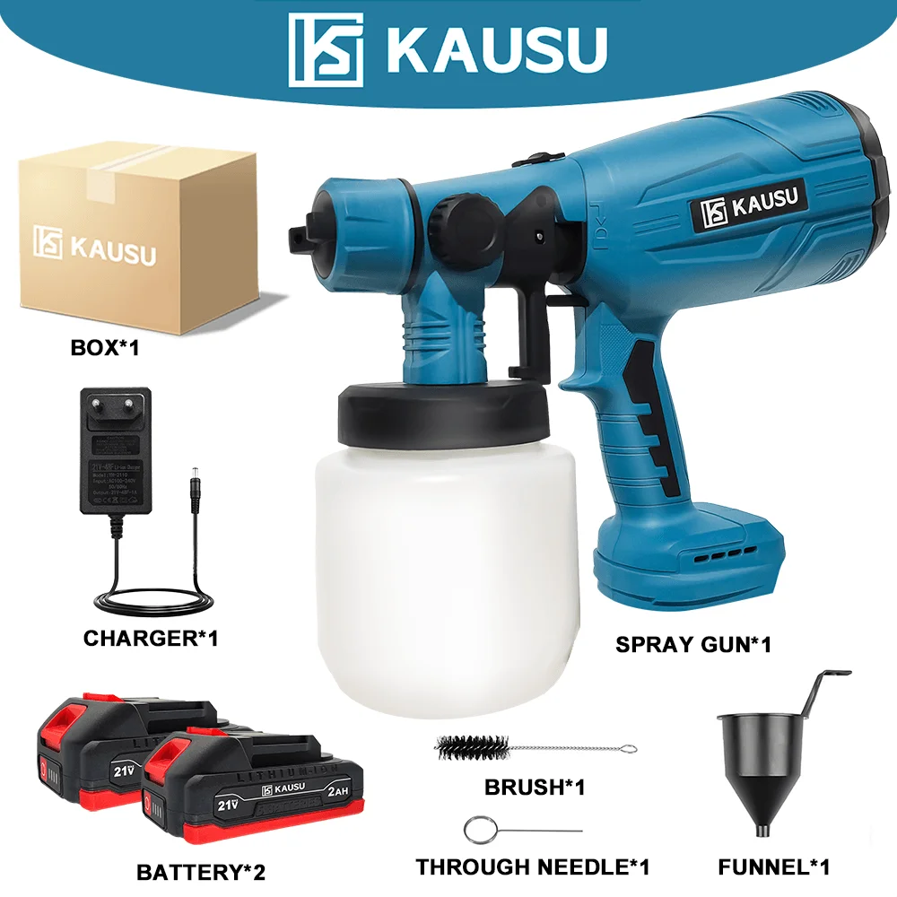 KAUSU Cordless Electric Spray Gun Portable Automatical HVLP Paint Sprayer Furniture Steel Coating Airbrush Makita 18V Battery