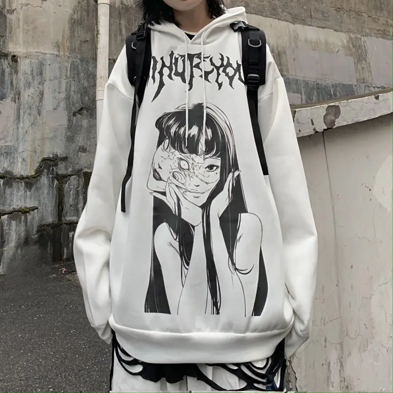 2021 Gothic Harajuku Grunge Hoodies Women 2021 Goth Oversized White Long Sleeve Manga Print Sweatshirt Tops Clothes Streetwear