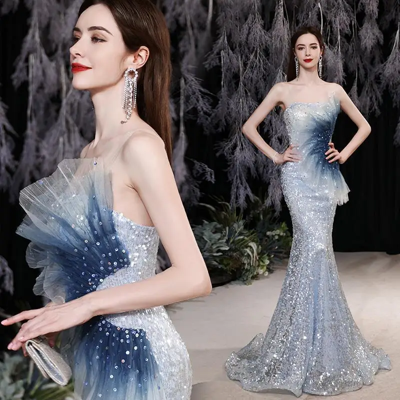 

Women Sparkly Stylish Banquet Sky Blue Chinese Prom Dresses Sexy Fishtail Evening Party Dress Trailing Sequins Robe De Feata