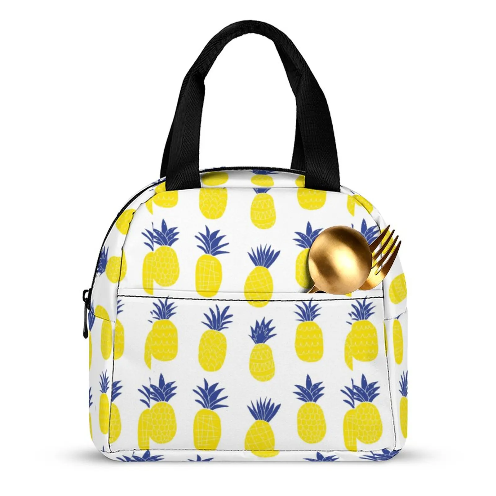 Custom Pattern Tote Lunch Bags for Women Yellow Pineapple Print Portable Meal Bag Picnic Travel Breakfast Box Office Work School