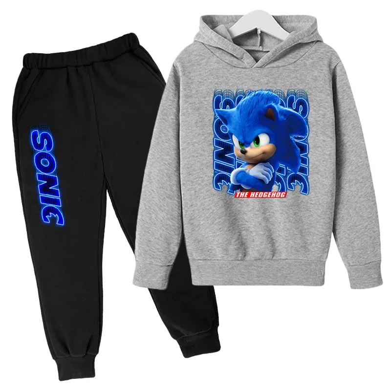 thumbnail image 1 of Conjuntos de ropa para bebés y niñas de Sonic, sudaderas con capucha y pantalones de Sonic, conjunto de 2 piezas, traje de cumpleaños de 4 a 14 años, chándales para niños, 1 of 5