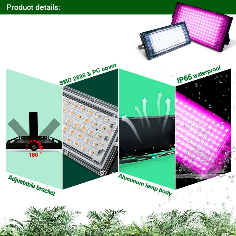 LED Grow Light Full Spectrum Phyto Lamp AC 220V 50W 100W Floodlight with Control Plug for Indoor Grow Tent Plants Growth Light