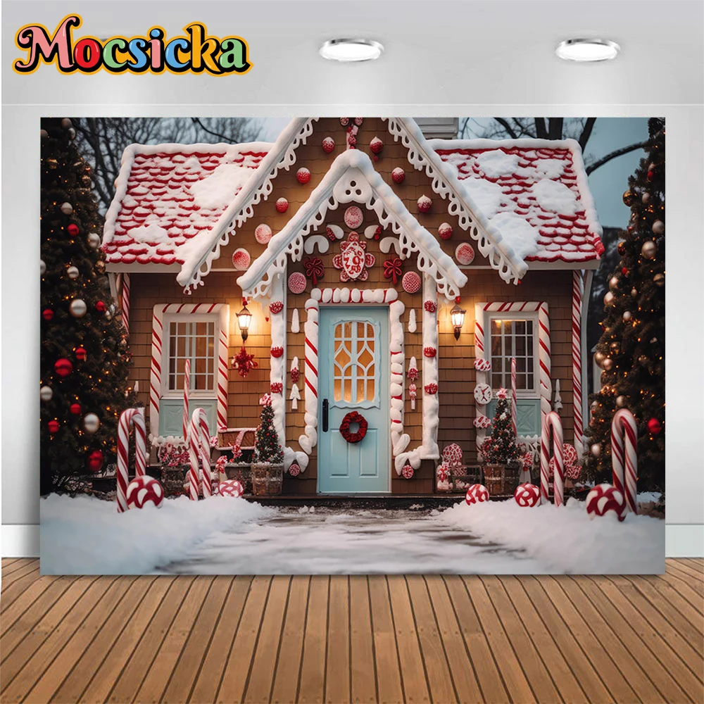 

Christmas Background for Studio Photography Candy Cane Gingerbread House Decor Kids Photo Backdrop Xmas Tree Snowy Photobooth