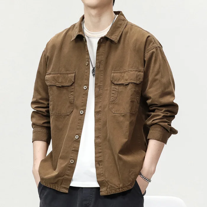 

Мужская весенне-осенняя новая японская винтажная Однотонная рубашка-карго, свободная хлопковая Повседневная рубашка, пальто