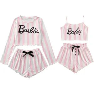 Пижама Барби в розово-белую полоску, повседневные шорты с длинным рукавом, Женская домашняя одежда, аниме кавайный комплект из двух предметов, подарки для девочек