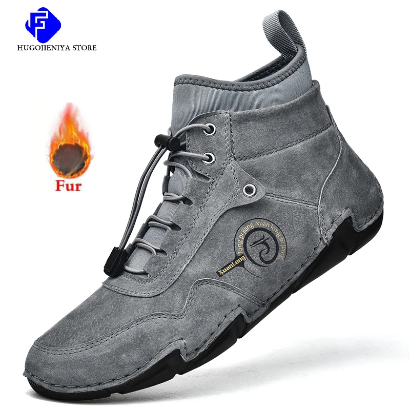 Brand Men's Winter Snow Boots Leather Men's Ankle Warm Boots Plush Warm Men's Snow Boots Outdoor Men's Motorcycle Boots Big Size