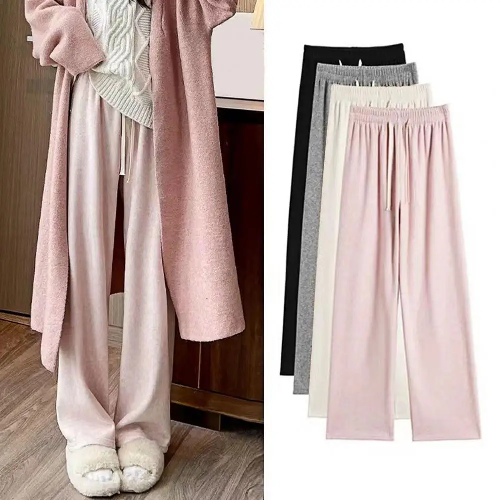 

Autumn Winter Women Solid Color Casual Long Pants Elastic High Waist Drawstring Straight Wide Leg Draped Woolen Knitted Trousers