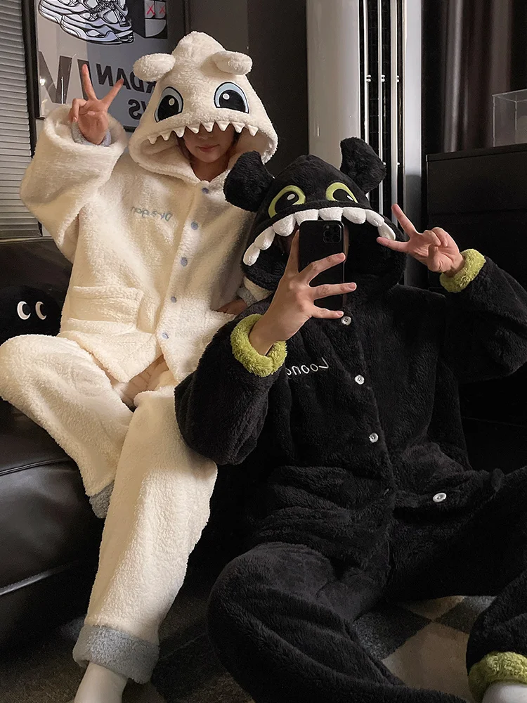 DAIMELU بلا أسنان الصبي زوجين منامة المرأة الخريف ملابس خاصة المرجان الصوف الصوف سميكة مقنعين الرجال ملابس نوم الشتاء مجموعة