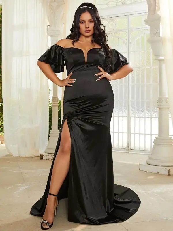 

Cutubly Plus Size Formal Gowns And Evening Dresses Sexy Elegant Off The Shoulder V Neck High Split Robe Black Party Prom Dress
