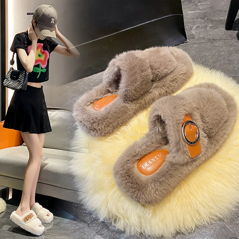 

2023 Autumn/Winter New Thick Sole Square Head Plush Belt Buckle Comfortable Casual Fashion Network Red Women's Plush Slippers