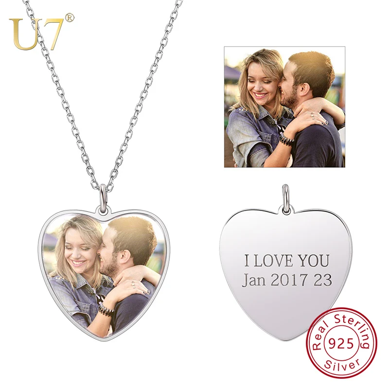 U7 100% 925 Sterling Silver Heart Shape Engraved Personalized Custom Photo Pendant Necklace Mother's Day Gifts For Lovers SC83