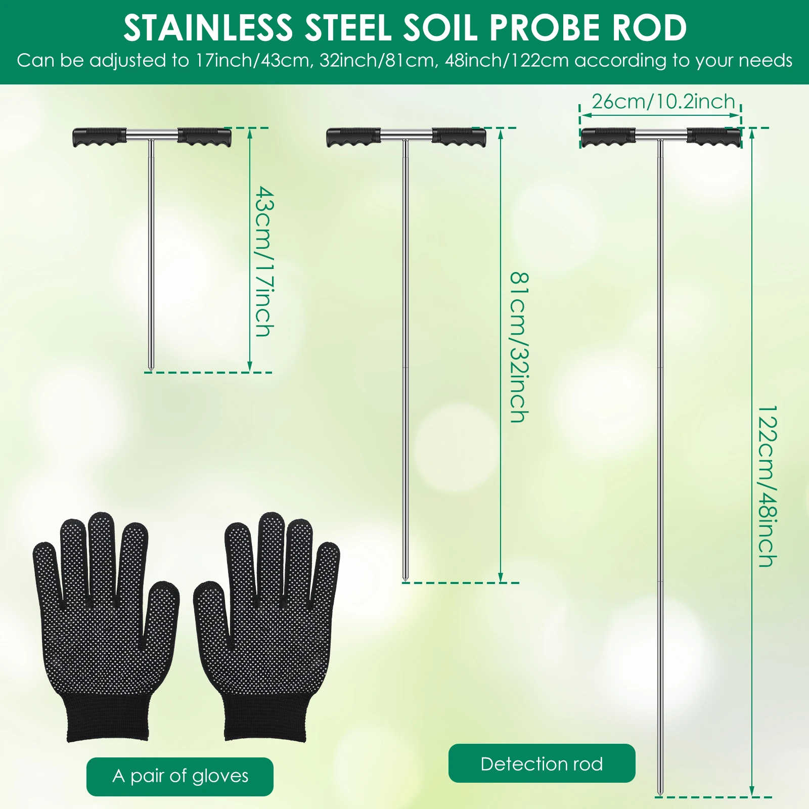 Stainless Steel Soil Probe Rod Height Adjustable Ground Probe Rod with Handle Portable Ground Rod Tool for Locating Septic Tanks