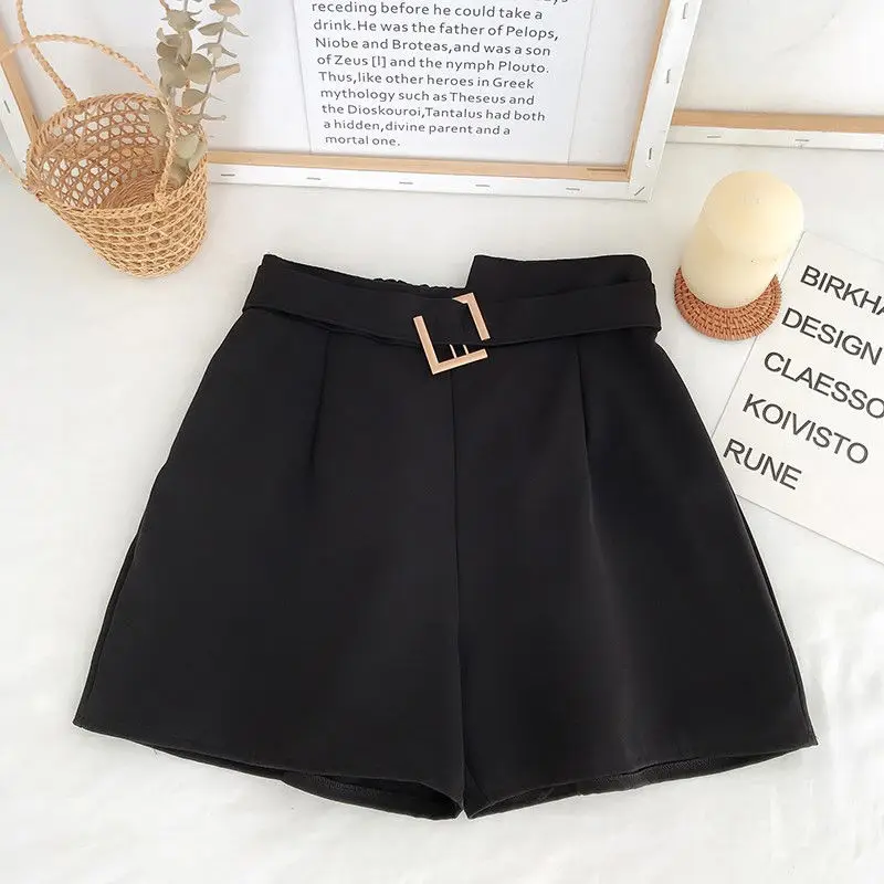 Short Pants for Women To Wear Wide Womens Shorts Work Office with Belt High Waist Black Youthful Casual Korean Style Clothes Hot