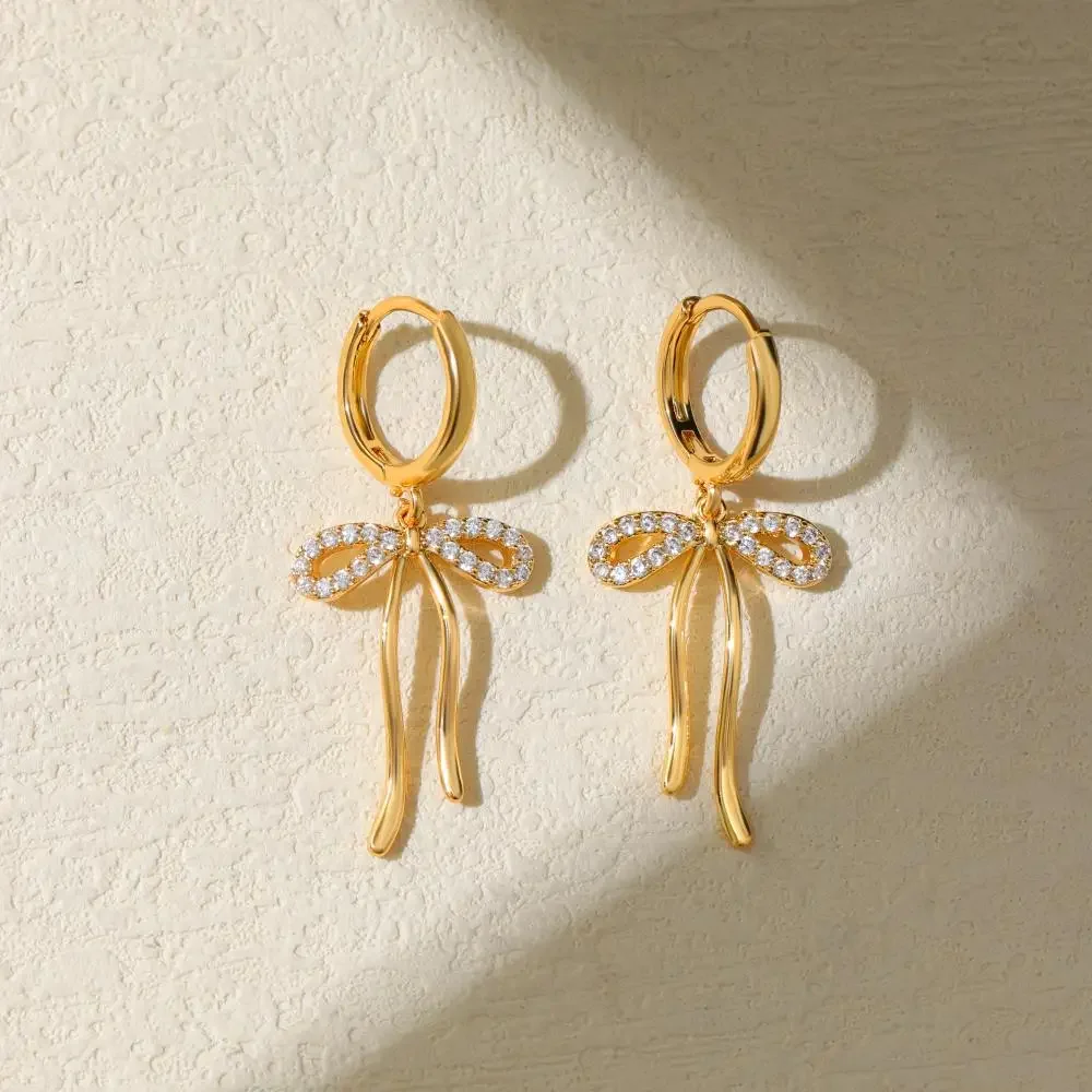 Bowknot Drop Earrings 18K Gold Plated Small Circle Zircon Hoop Huggie Earring Cute Bow Knot Charm Girls's Ear Jewelry Pendientes