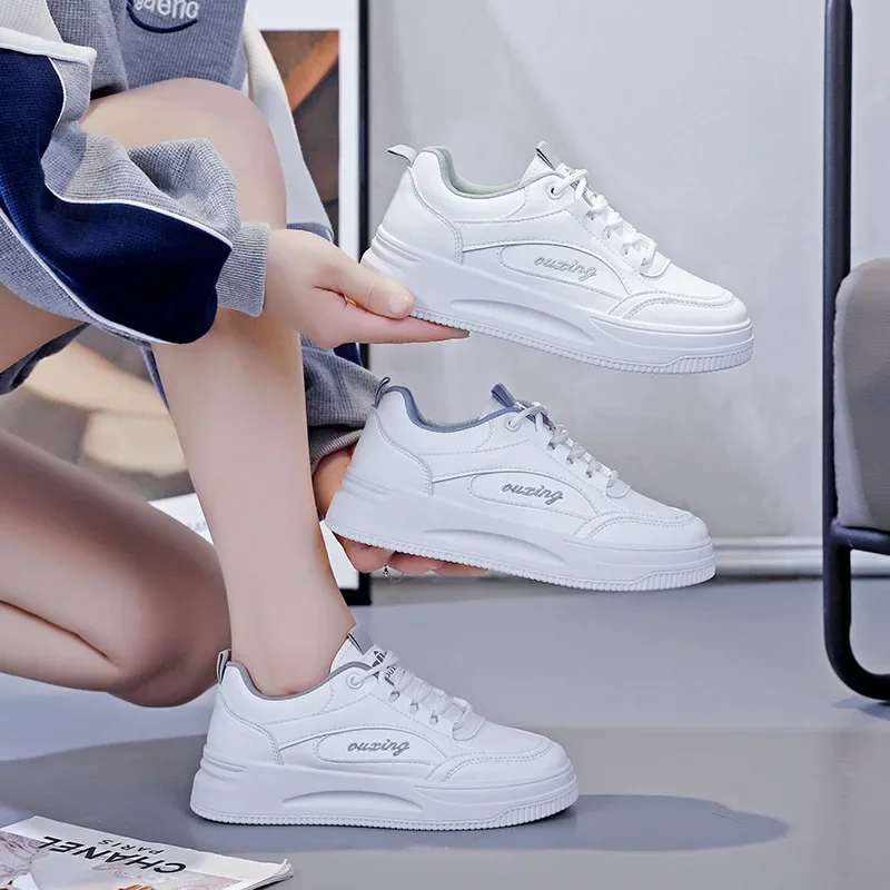 Women Shoes Fashion Breathable Leather Flat Sneakers Woman Outdoor Lace Up Vulcanized Sneakers Platform White Shoes Zapatos