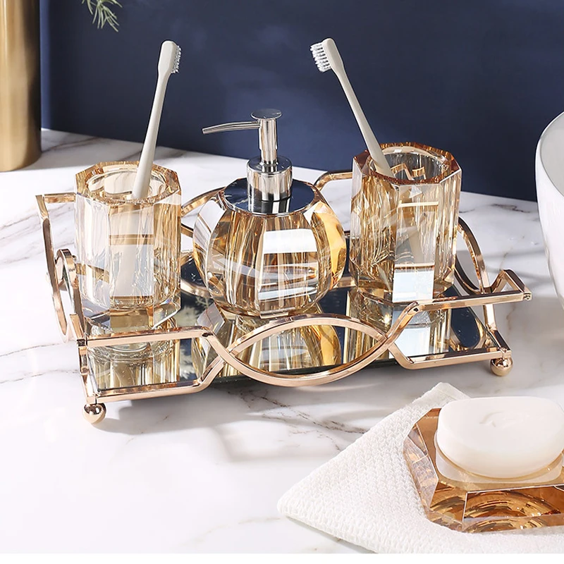 Glass Lotion Bottle Clear Crystal Bathroom Set Wash Supplies Toothbrush Holder Cup Soap Box Shampoo Bottle Soap Dispenser Set