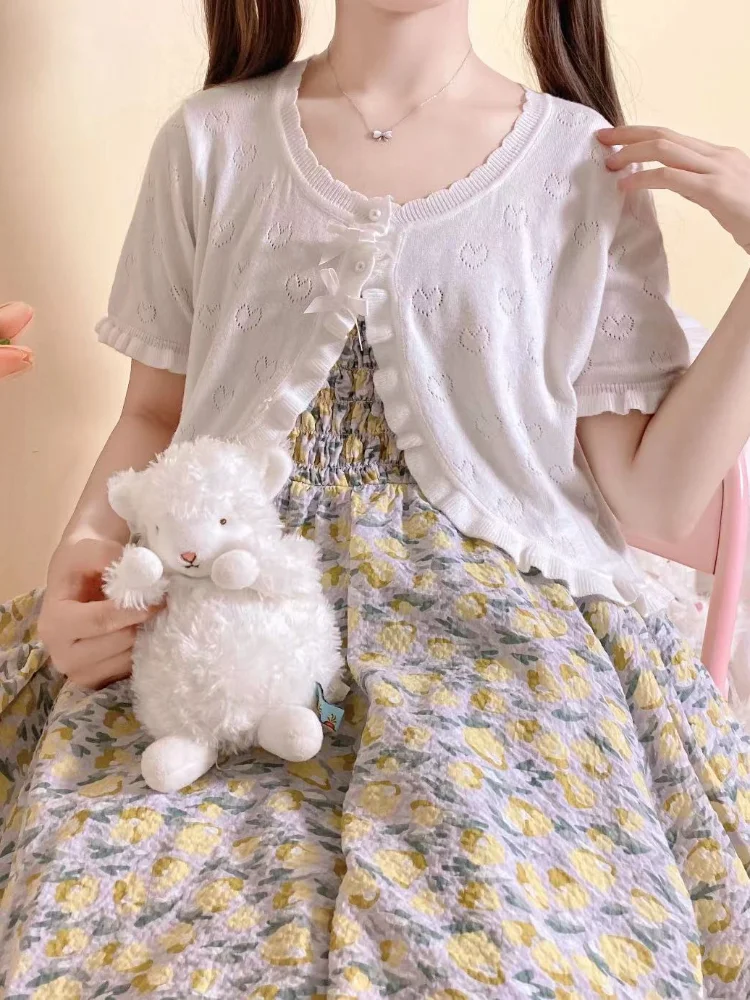 Cute Knitted Cardigan Women Pearl Button Bow Decoration Heart Hollow Out Short Sweater for Sweet Girl Kawaii Clothes