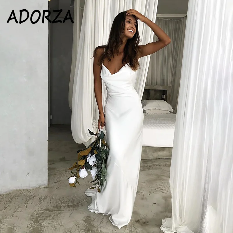 

ADORZA Wedding Dress Boho Elegant Cut Out Back Bridal Gown Plain Satin Draped Cowl Neck Sweep Train Vestido De Noiva for Bride