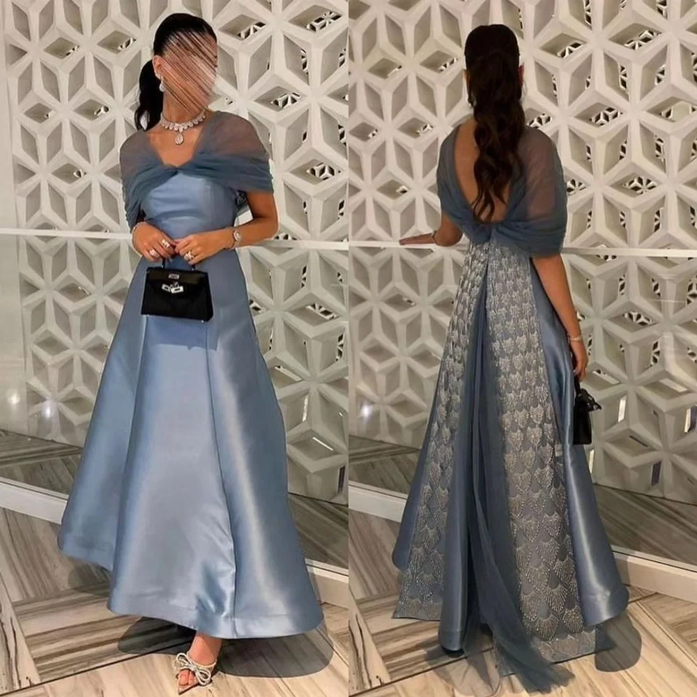 Exquisite Poretrait V-neck A-line Floor Length Gown Beading Tulle Satin Evening Saudi Arabia es
