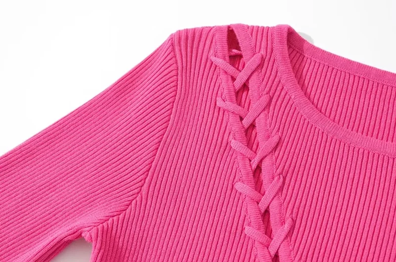 Women Solid Asymmetric Lace Up Detail Knit Crop Jumper