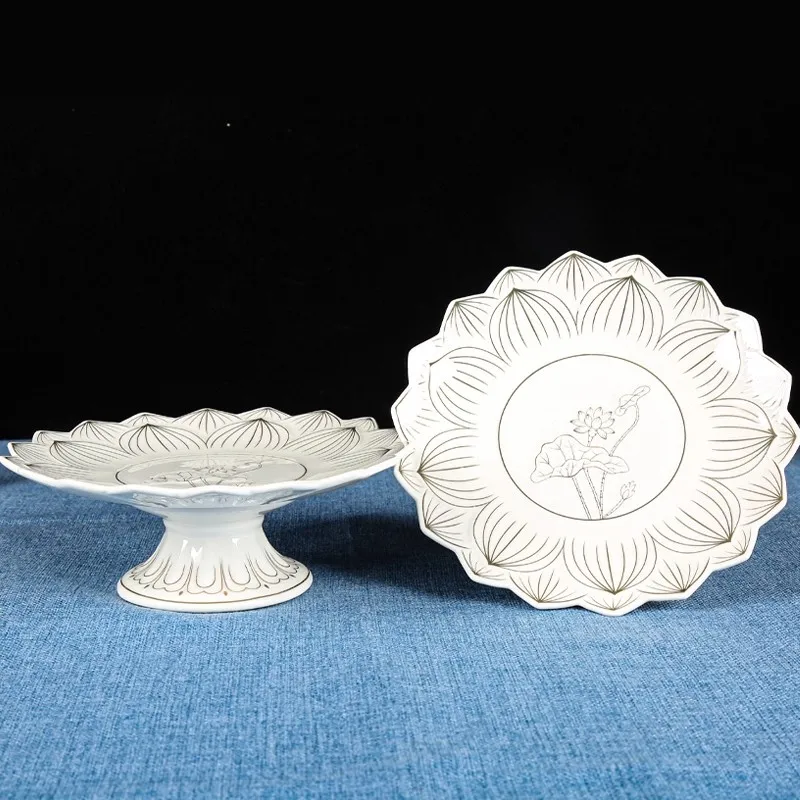 White Relief Gold Lotus Ceramic Incense Burner Set - Buddhist Altar Offering Bowl, Fruit Plate, Water Cup, Vase & Purification C