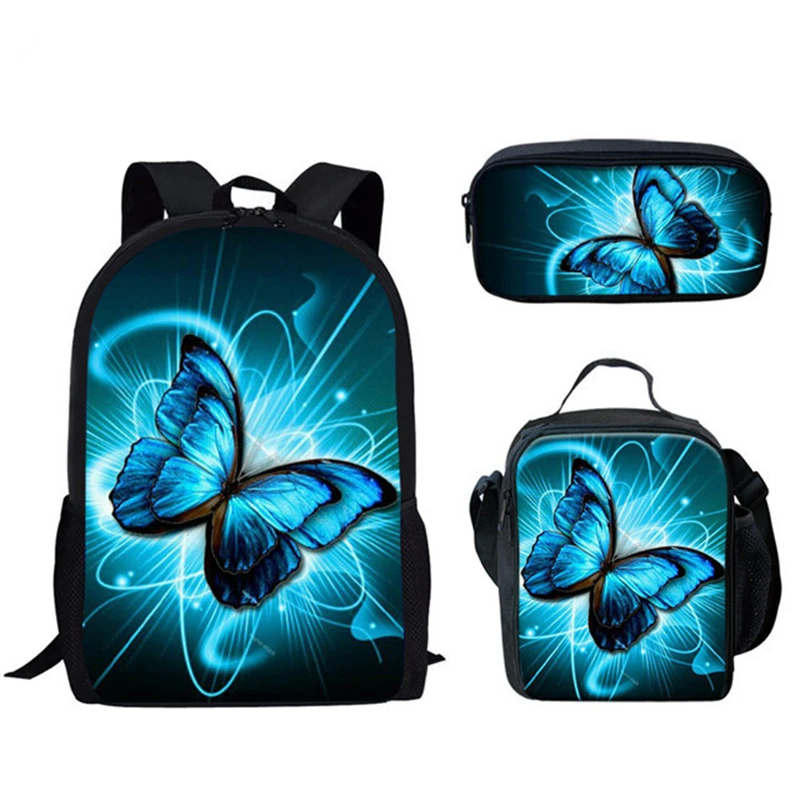 Harajuku Novelty Butterfly Pattern 3pcs/Set Backpack 3D Print School Student Bookbag Anime Laptop Daypack Lunch Bag Pencil Case