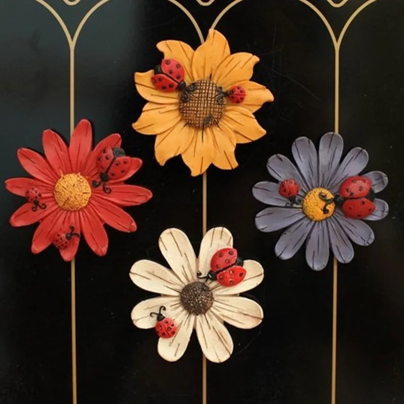 Pastoral Style Resin Crafts Simulation Flower Coccinella Septempunctata Fridge Magnet Home Decorative Gift